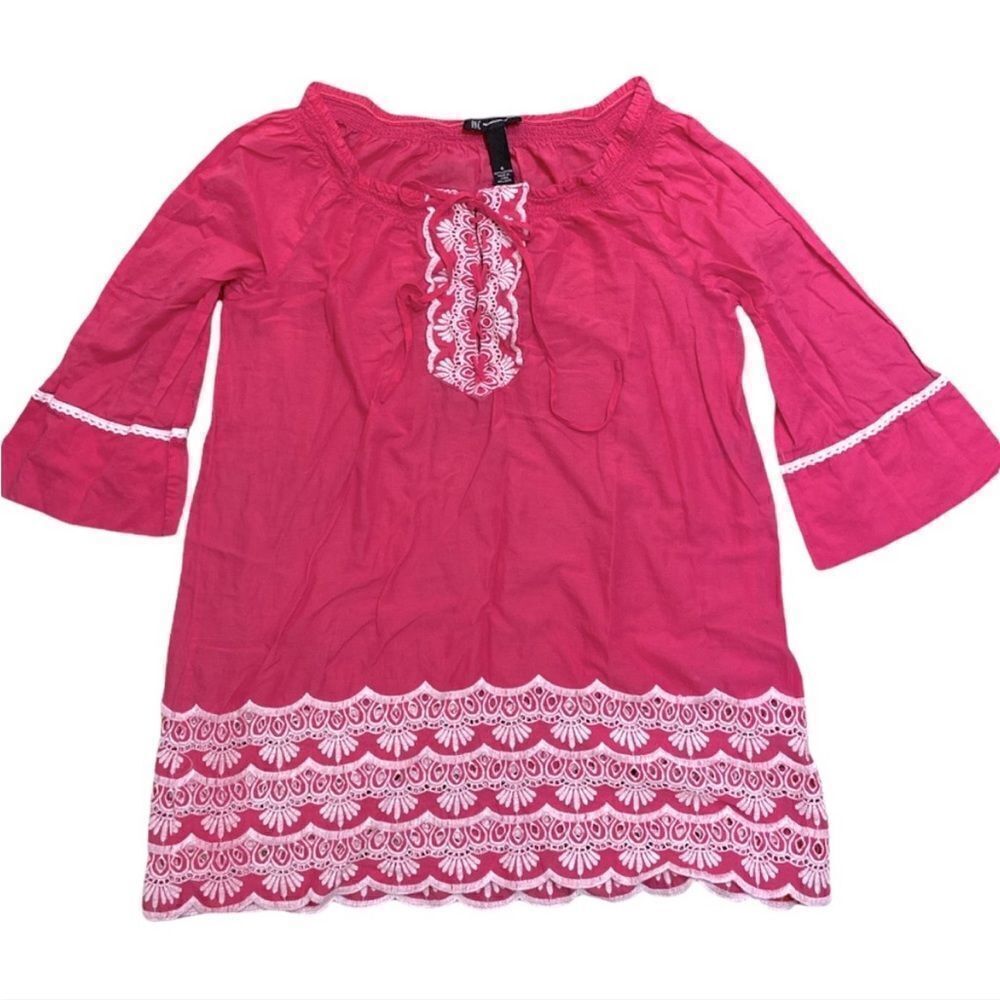 INC Pink Tunic with white Embroidered trim, Boho Style , lace up front, Size 8